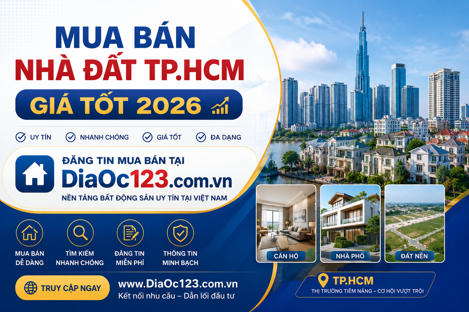 Mua Bán Nhà Đất TP.HCM Giá Rẻ Mới, Nhất 2026 tại Diaoc123 